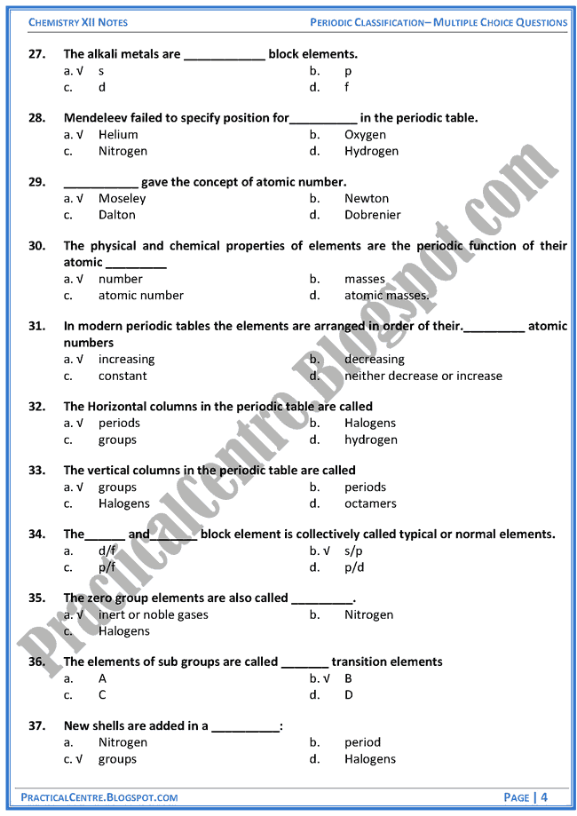 Periodic Classification - MCQs - Chemistry 12th