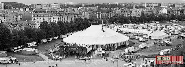 Vue aérienne du Cirque National Suisse Knie  1970 sur la Plaine de Plainpalais à Geneve