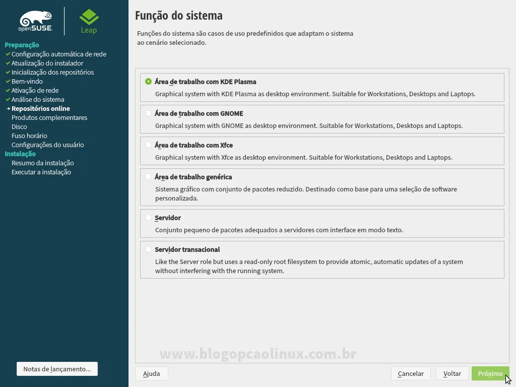 Selecione o ambiente de desktop que queira utilizar no openSUSE Leap