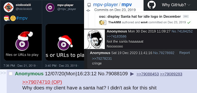 A selection of partial screen captures of tweets, Github commits, and 4chan posts pertaining to the inclusion of a Santa hat on the mpv logo when the mpv-player is in an idle state during the month of December. The text to these screen captures is contained in the links listed below.