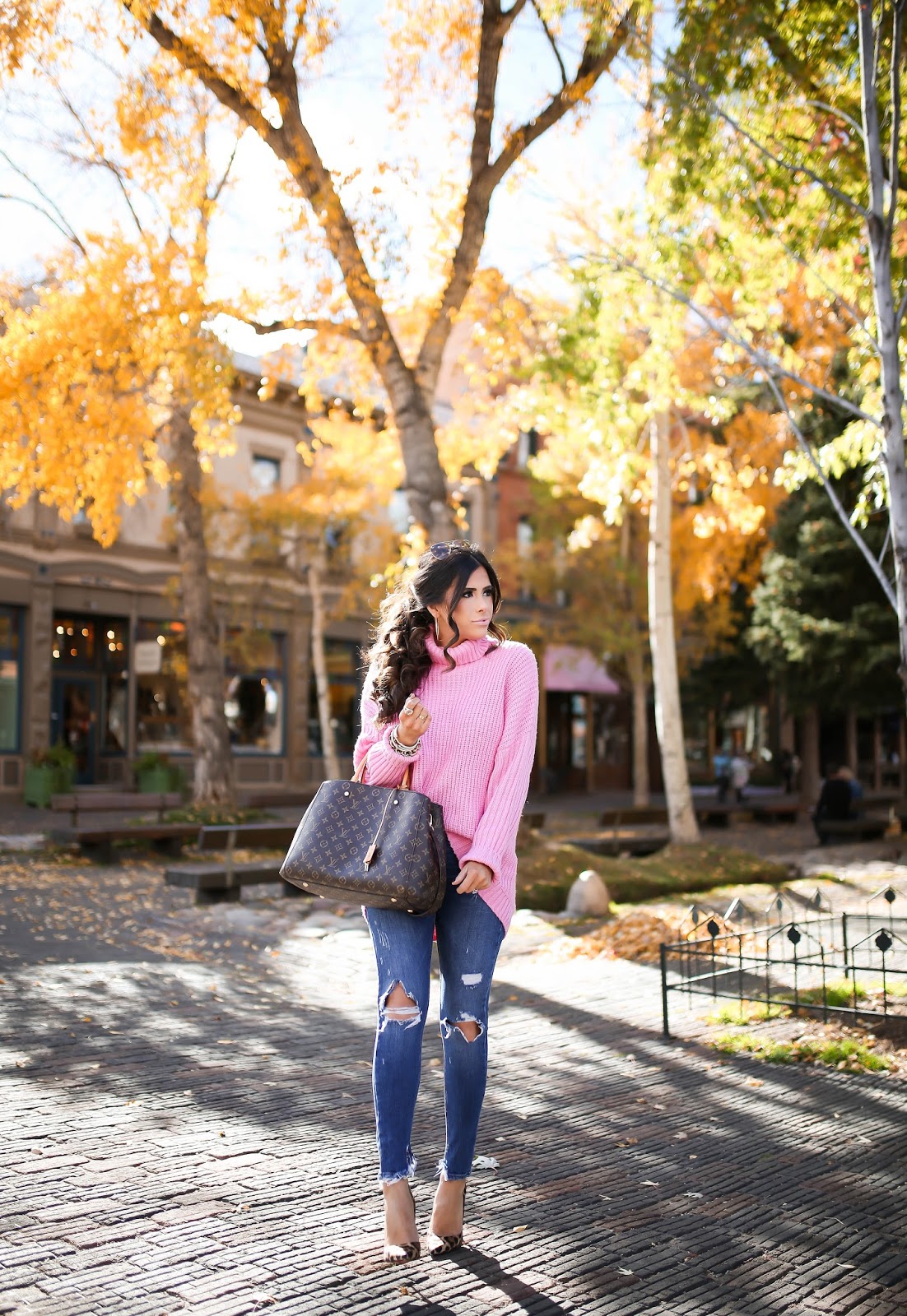 Emily Gemma, The Sweetest Thing Blog, aspen fashion blog, hot pink turtleneck ASOS, how pink turtleneck Nordstrom, Zara ripped jeans, leopard pumps, christian louboutin so kate leopard pumps, louis vuitton Montaigne GM, pinterest fall fashion 2016, pinterest fall outfits, pinterest outfit ideas fall casual women, pinterest fall trends 2016, pinterest fall outfit ideas for women, fall date night outfits, best fall outfits, popular fall outfits, how to wear hot pink in fall, leopard print pumps outfit idea, fashion blogs with fall outfits, popular fashion blogs fall outfits, messy ponytail tutorial, how to make a messy low ponytail, messy voluminous low ponytail, medium brunette hair style, fall hairstyles 2016, fall hair brunette balayage medium,