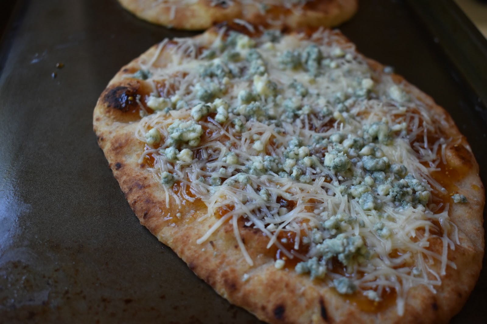 Flatbread Pizza with Blue Cheese, Fig Jam, Peaches and Crispy