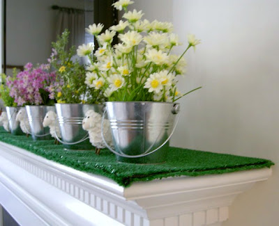 turf, flowers, lambs, spring, mantel