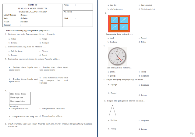 Soal Penilaian Akhir Semester (PAS) Kelas 1 SD/MI: Tema 4
