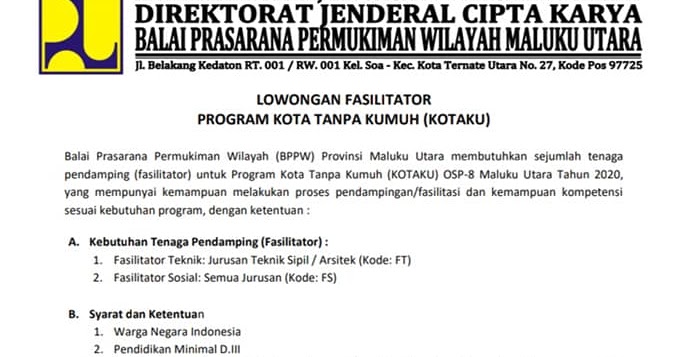 Lowongan Penerimaan Fasilitator Program Kota Tanpa Kumuh Kotaku Maluku Utara Ato Menulis