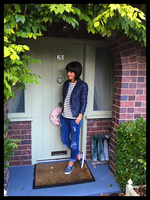 My Midlife Fashion, Boden Mariner Striped Top, Marks and Spencer faux leather quilted biker jacket, slip ons