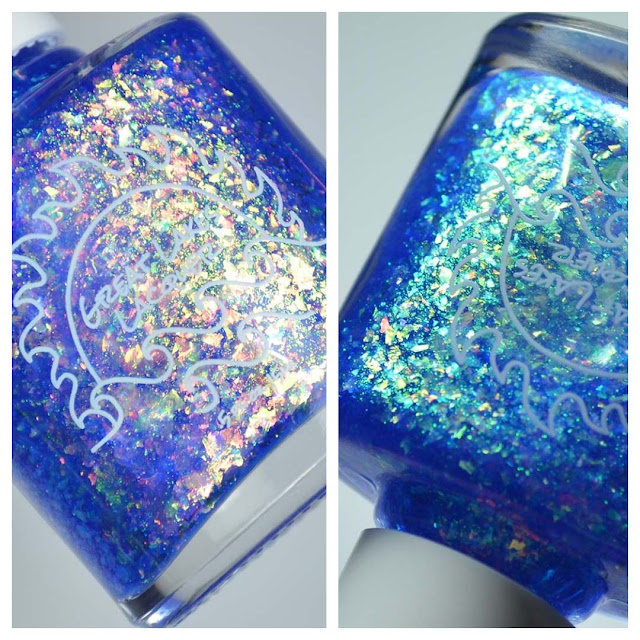 blue flakie nail polish in a bottle