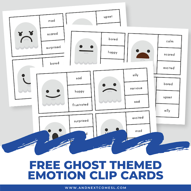 Free printable ghost themed emotion clip cards for kids - a great fine motor and emotions activity for Halloween!