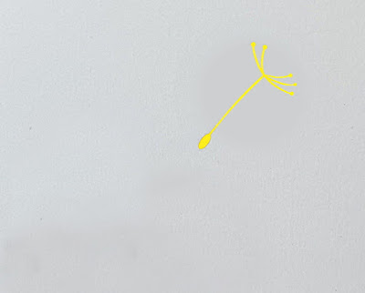 Bildhintergrund grau. zu sehen ist ein einzelner  Flugsamen (Regenschirmchen) eines Löwenzahns (Pusteblume), aber ncht in weiß gestaltet, sondern in gelb.