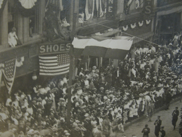 Crowd on Main Street sidewalks watching June 17, 1909 Fireman's Parade. From Matt Yanney collection- Wright Brother's Home Celebration, Dayton Ohio.