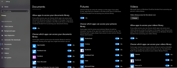 Windows 10 문서 사진 및 비디오에 대한 앱 권한