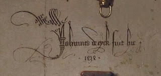 Jan van Eyck's signature on the wall, in Arnolfini Portrait, to imply his witness and presence in Giovanni Arnolfini's home