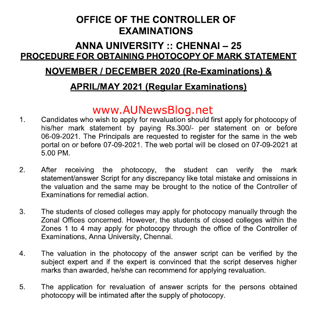 Anna University Photocopy & Revaluation Procedure April May 2021 & Nov Dec 2020 (Re-Exam)