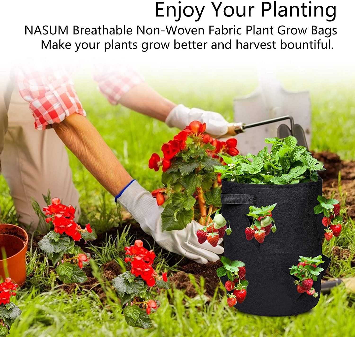 NASUM Strawberry growing Bags with Flap and Handles,3 Pack 10 Gallon Heavy Duty Fabric Plant Pots for Tomato,Carrot, Onion, Fruits, Flower and Vegetables.