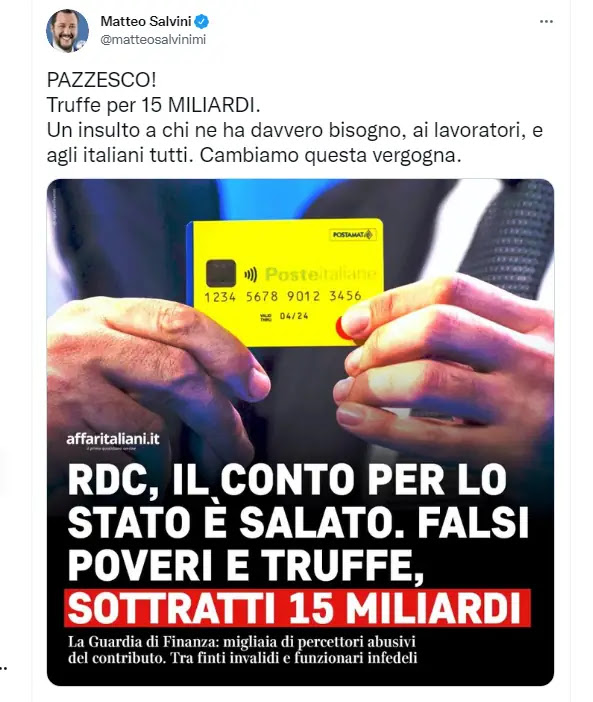 Il tweet di Matteo Salvini sul Reddito di cittadinanza