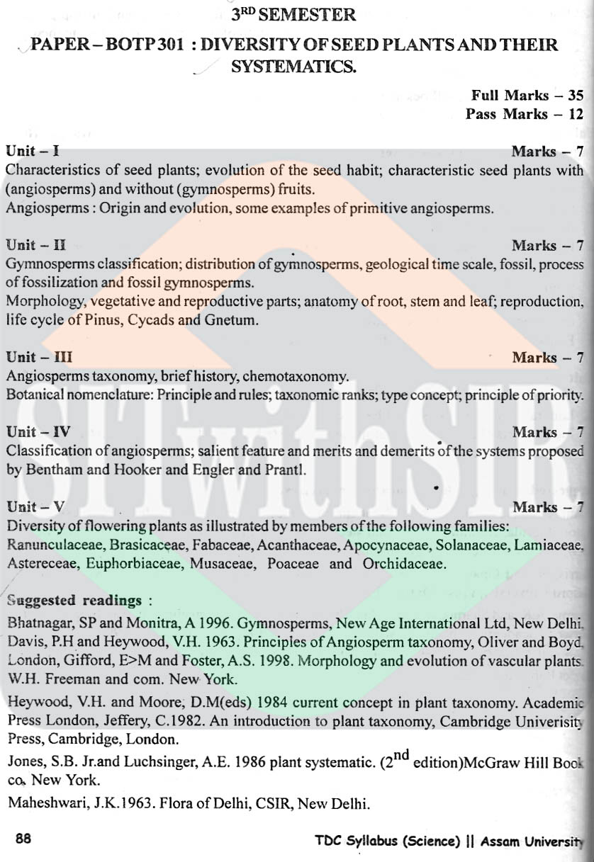 Botany (pass) course syllabus 3rd semester of Assam University Silchar