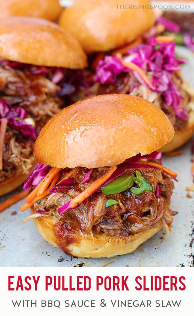 Quick & easy sliders made with slow cooker pulled pork, sweet & smoky BBQ sauce, and crunchy vinegar slaw. This is excellent for using up leftover shredded pork & it's a good excuse to make a big batch. Serve them as a budget-friendly party appetizer or a simple weeknight meal.