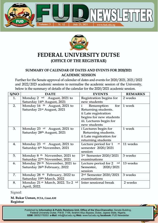 FUD Academic Calendar Schedule 2020/2021 2022/2023