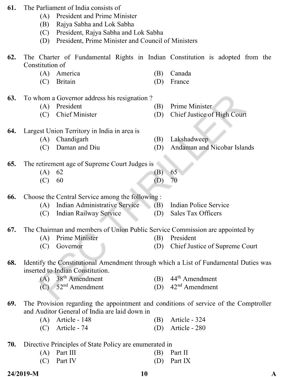 University Assistant Question Paper with Answer Key (24/2019) Kerala PSC PSC THRILLER