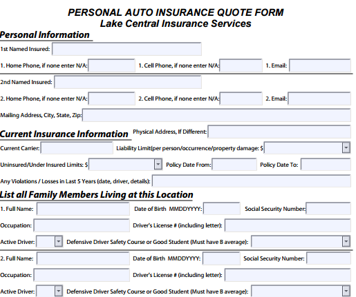 PERSONAL AUTO INSURANCE QUOTE FORM