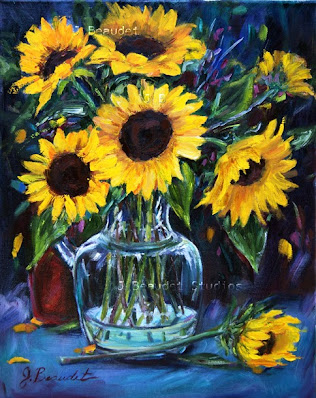 sunflowers oil painting with a dark background and green vase by Jennifer Beaudet artist from California