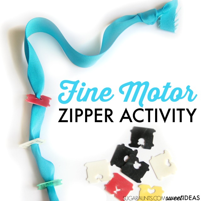 Help kids learn how to zipper clothing using recycled materials that you probably have in your house. This activity works on all of the individual skills needed for the motor planning of zippering a zipper and uses just a ribbon and plastic bread ties.
