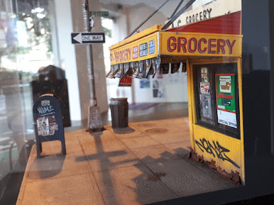 Detail of street furniture outside of a 1/24 scale model bodega.