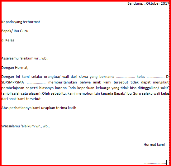 Contoh Surat Izin Tidak Masuk Sekolah Baik Dan Benar 2019