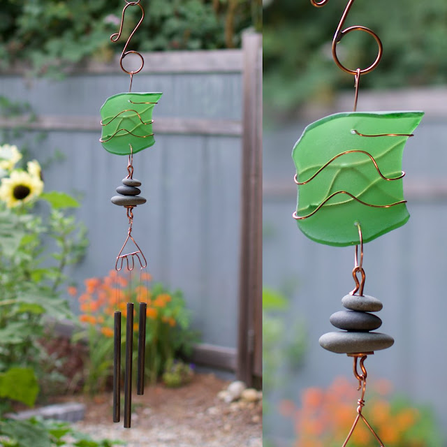 Glass, copper, beach pebbles, antiqued brass chimes Coast Chime Wind Chime