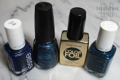 Teal, blue and gold glitter and 'Pond' stamped manicure featuring Essie Silk Watercolor ‘Pen & Inky’, Essie Glazed Days ‘Ooh La Lolly’, China Glaze ‘Water You Waiting For’, and Sally Hansen Color Foil – 'Liquid Gold'