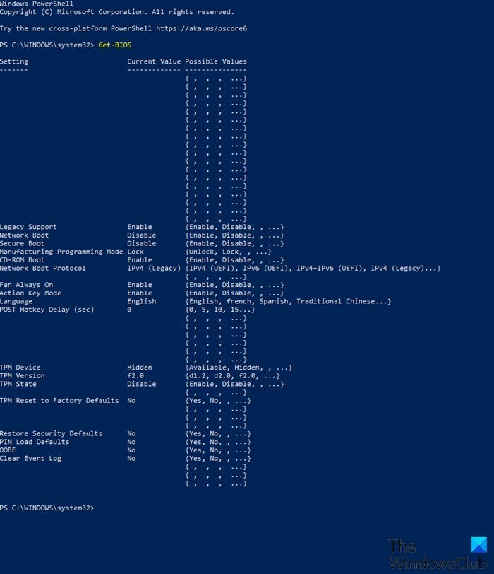 Список локальных настроек BIOS — модуль GetBIOS PowerShell