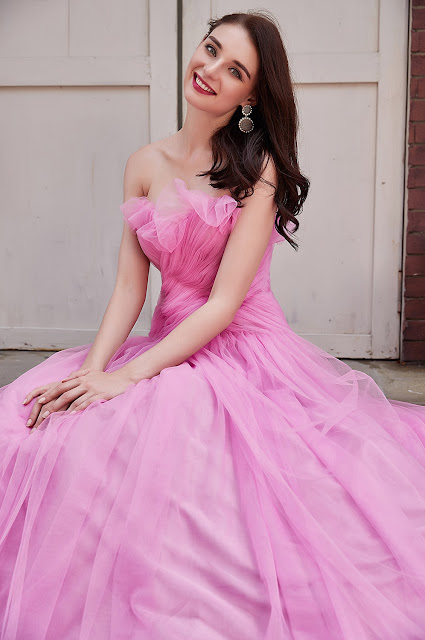 newest hot pink strapless prom dress with floral neckline