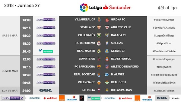 Liga Santander 2017/2018, horarios oficiales de la jornada 27