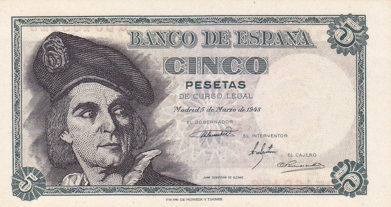 Spain Banknotes 5 Pesetas banknote 1948 Juan Sebastián de Elcano by Ignacio Zuloaga