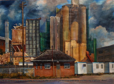 Plein air oil painting of the demolition of the Fielder Gillespie Flour Mills, Pyrmont by industrial heritage artist Jane Bennett