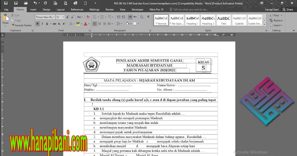 Unduh Contoh Soal Pas Ski Mi Kelas 5 Semester 1 Ganjil Sesuai Kma 183