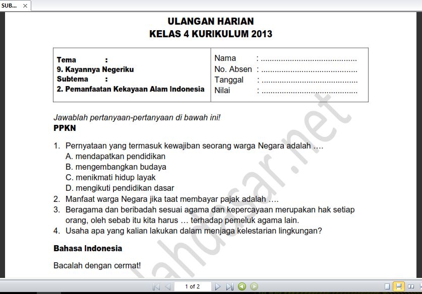 Soal Ulangan Harian Kelas 4 Tema 9 Subtema 2 Sekolahdasar Net