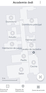 Pantallazo de la app de iRobot con mapa de espacios y habitaciones delimitadas de la Academia-Jedi.