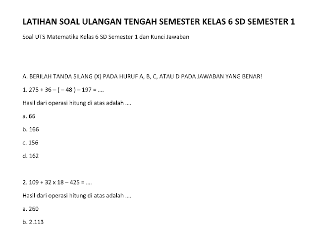 Soal UTS Matematika Kelas 6 SD Semester 1 dan Kunci Jawaban Soal UTS Matematika Kelas 6 SD Semester 1 dan Kunci Jawaban