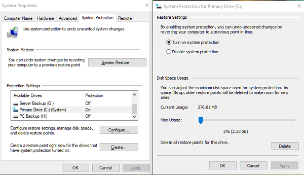 Windows 10에서 시스템 복원 구성