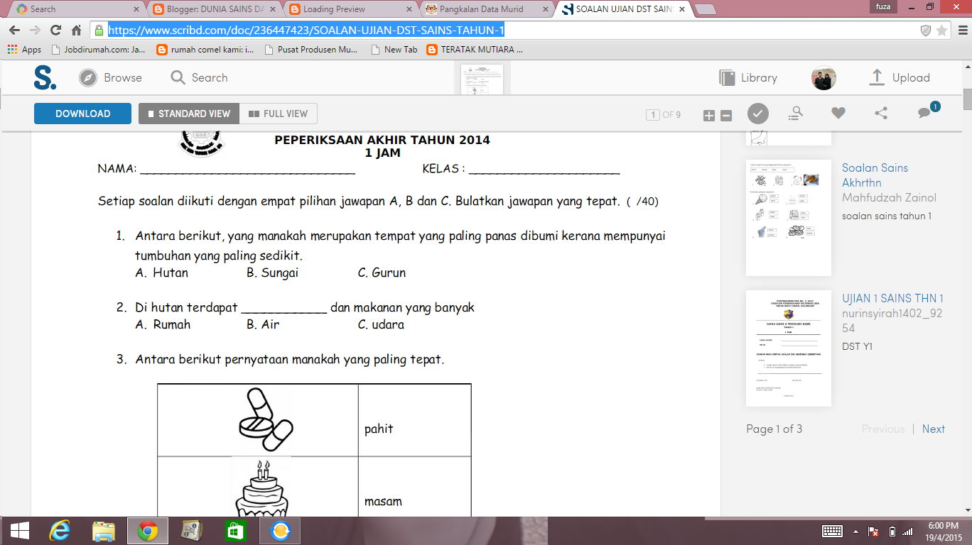 DUNIA SAINS DAN TEKNOLOGI KSSR UJIAN DUNIA SAINS TAHUN 1