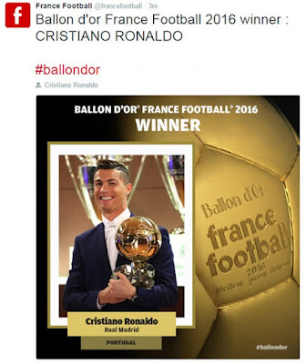 b Cristiano Ronaldo wins the 2016 Ballon D'or award for the 4th time (photos)