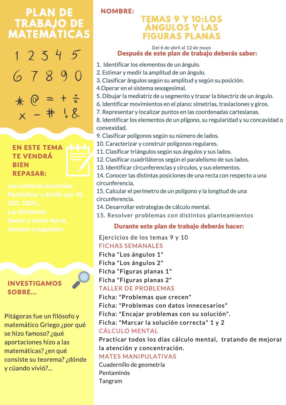 Plan de trabajo de Mates 9 y 10. Los ángulos y las figuras planas