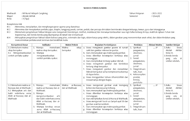 Download Silabus Akidah Akhlak SD/MI Kelas 3 semester 1 Kurikulum 2013