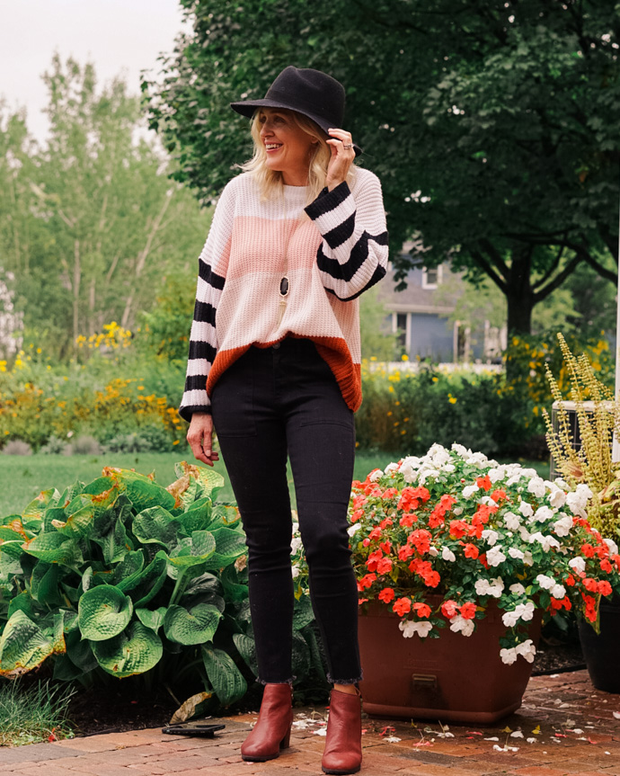 color block sweater + black jeans and cognac booties