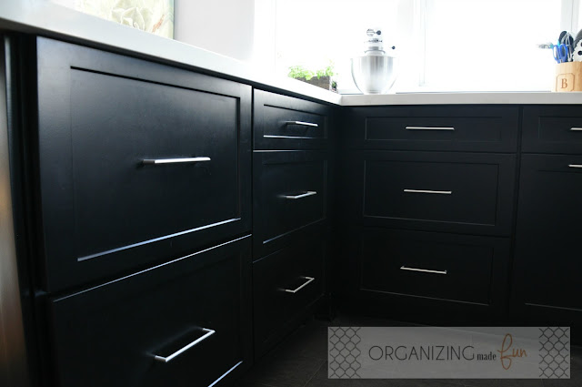 Stainless Steel drawer pulls with black shaker cabinets :: OrganizingMadeFun.com