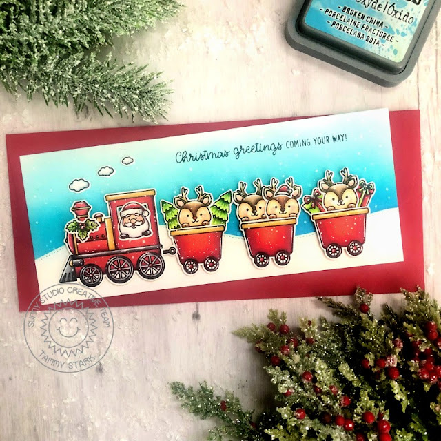 Sunny Studio Stamps: Holiday Express Slimline Dies Train Themed Christmas Card by Tammy Stark