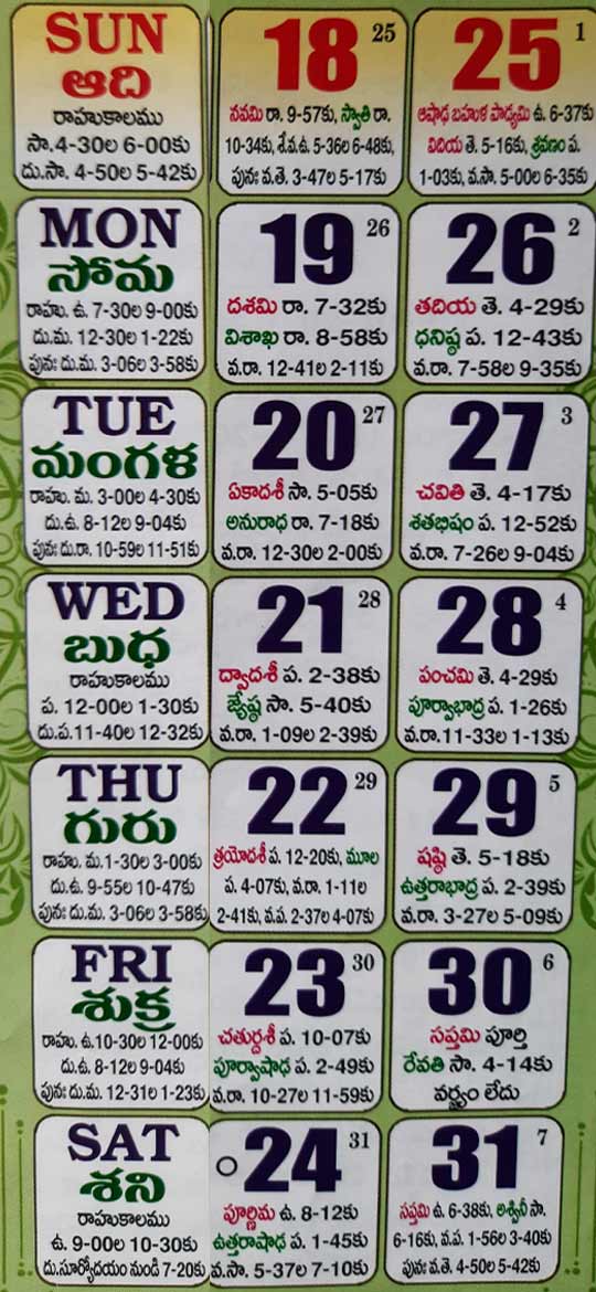2021 July Telugu Calendar Telugu Panchangam