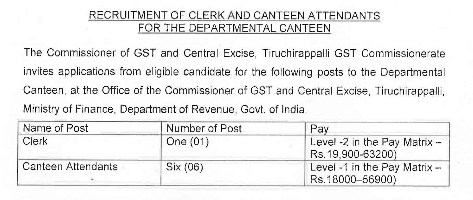 Central Excise Department Canteen Attendant Recruitment 2020 Clerk