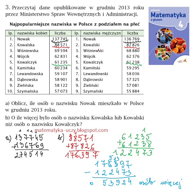 Zad. 2 i 3 str. 96, 97 "Matematyka z plusem 4" Odejmowanie liczb sposobem pisemnym.